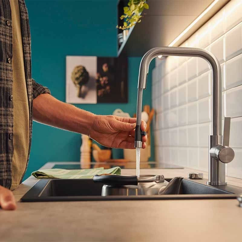 Blanco JANDORA-S Pull-Out J-Shaped Spout Solid Kitchen Tap - Brushed Stainless Steel - 526614 - Image 2