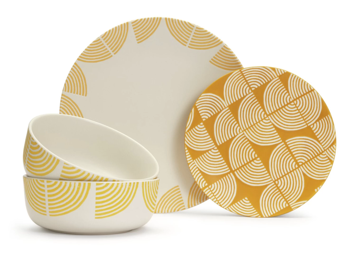 Habitat Block Print 12 Piece Stoneware Dinner Set - Yellow