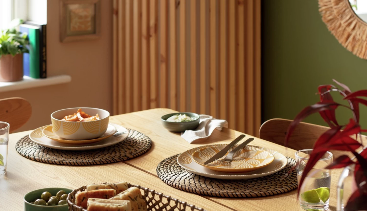 Habitat Block Print 12 Piece Stoneware Dinner Set - Yellow - Image 2