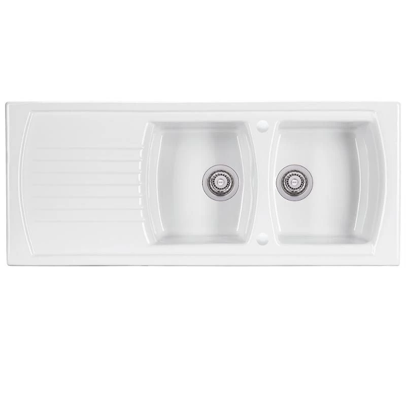 Thomas Denby Sonnet Ceramic Double Bowl Kitchen Sink & Drainer - Reversible - White - SO2BDWT